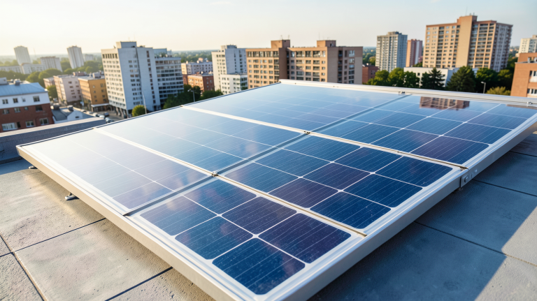 bi verre photovoltaique installé sur un toit d'immeuble en milieu urbain avec des reflets lumineux