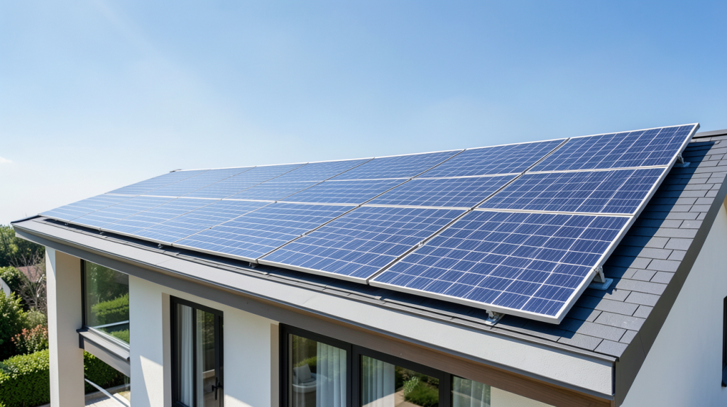 bisol panneau solaire installé sur le toit d'une résidence moderne sous un ciel dégagé