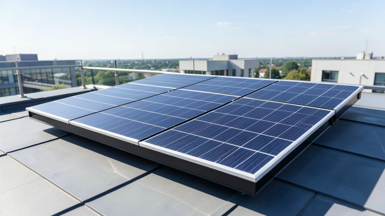 black friday panneau solaire installé sur un toit résidentiel moderne, capturé en plein jour avec des reflets réalistes