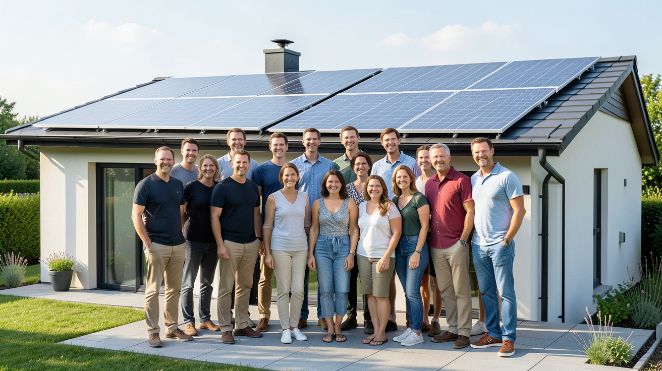 black friday panneau solaire installé sur le toit d'une maison familiale avec des clients satisfaits
