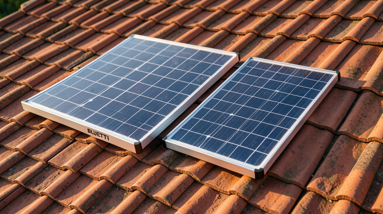 bluetti panneau solaire comparé à un panneau solaire d'une autre marque sur un toit