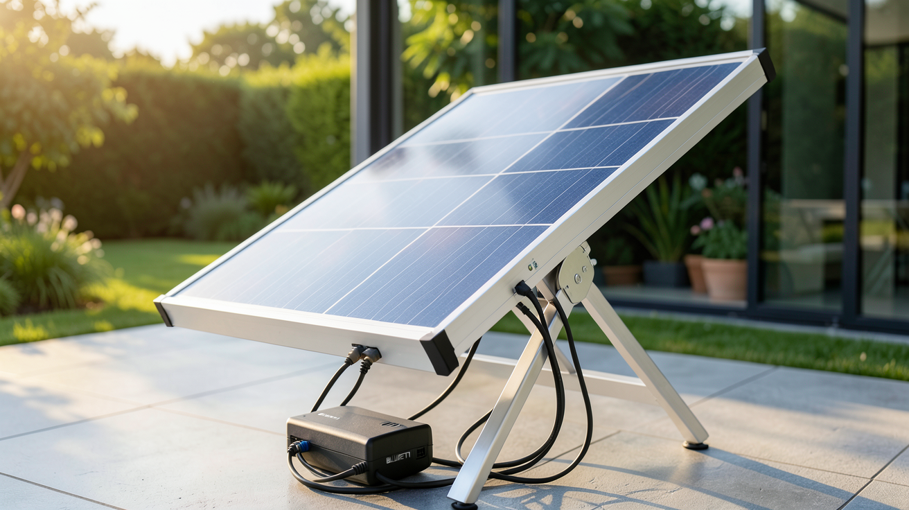 bluetti panneau solaire installé sur un support inclinable avec une batterie portable BLUETTI en arrière-plan