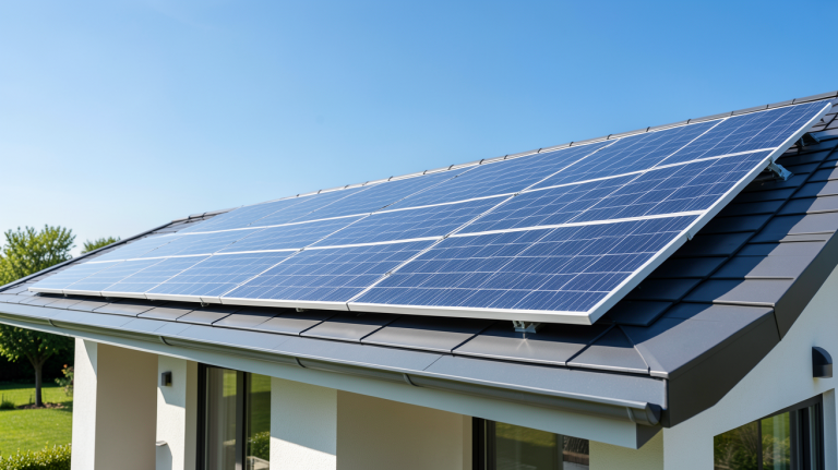 bonfond panneaux photovoltaiques installés sur le toit d'une résidence moderne sous un soleil radieux