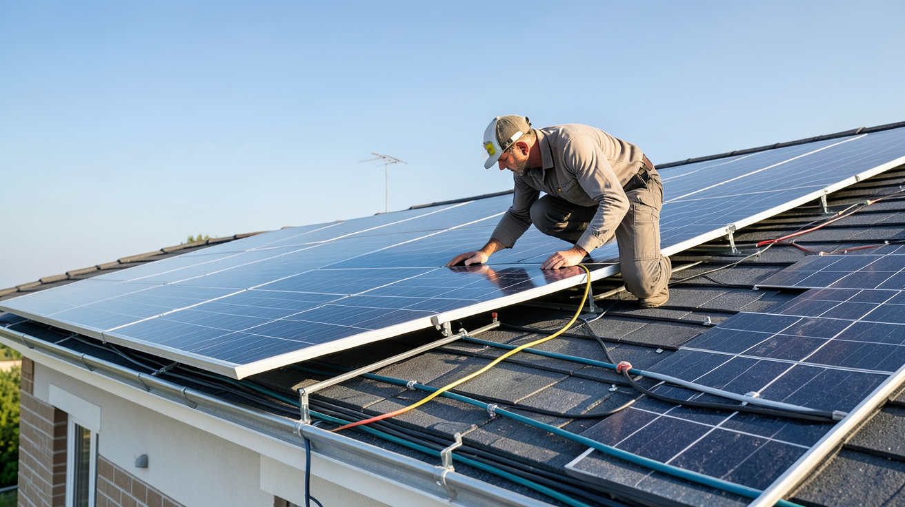 bonfond panneaux photovoltaiques processus d’installation montrant un technicien installant des panneaux sur un toit