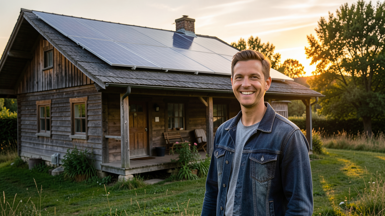 bonfond panneaux photovoltaiques témoignage client devant une maison rurale équipée de panneaux solaires