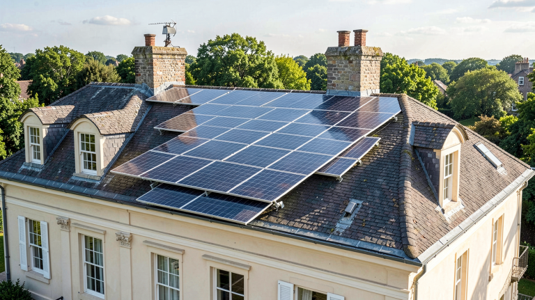 bourgeois photovoltaique installé sur le toit d'une élégante demeure, panneaux solaires brillants sous le soleil