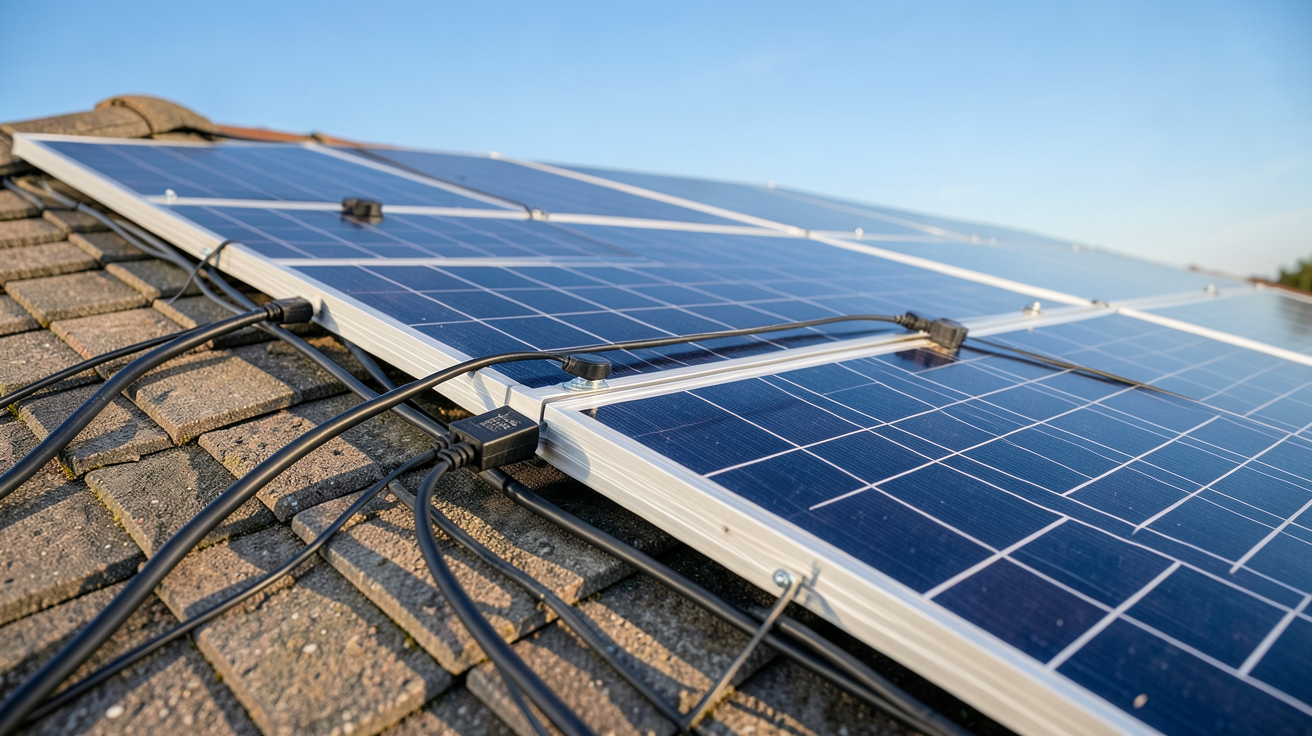 branchement en série de panneaux solaires sur un toit résidentiel avec câbles et connecteurs MC4