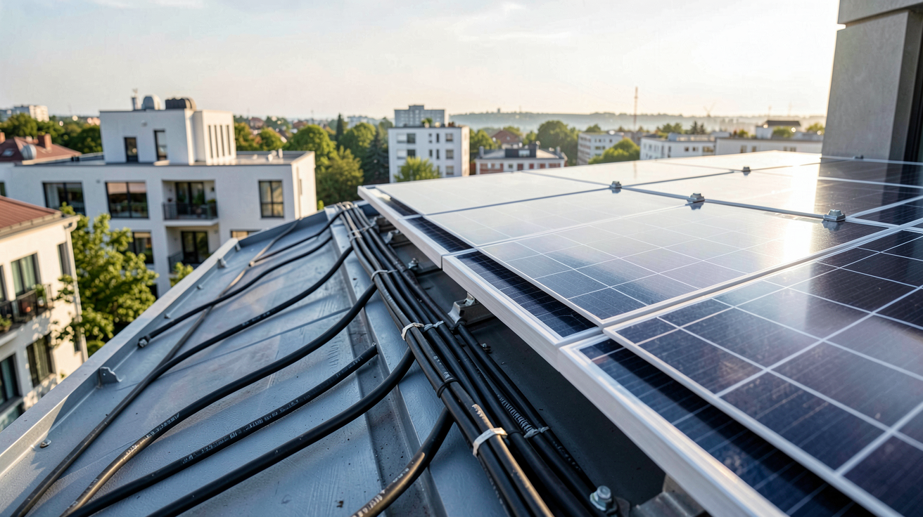 branchement de panneaux solaires en série sur le toit d'une maison urbaine moderne