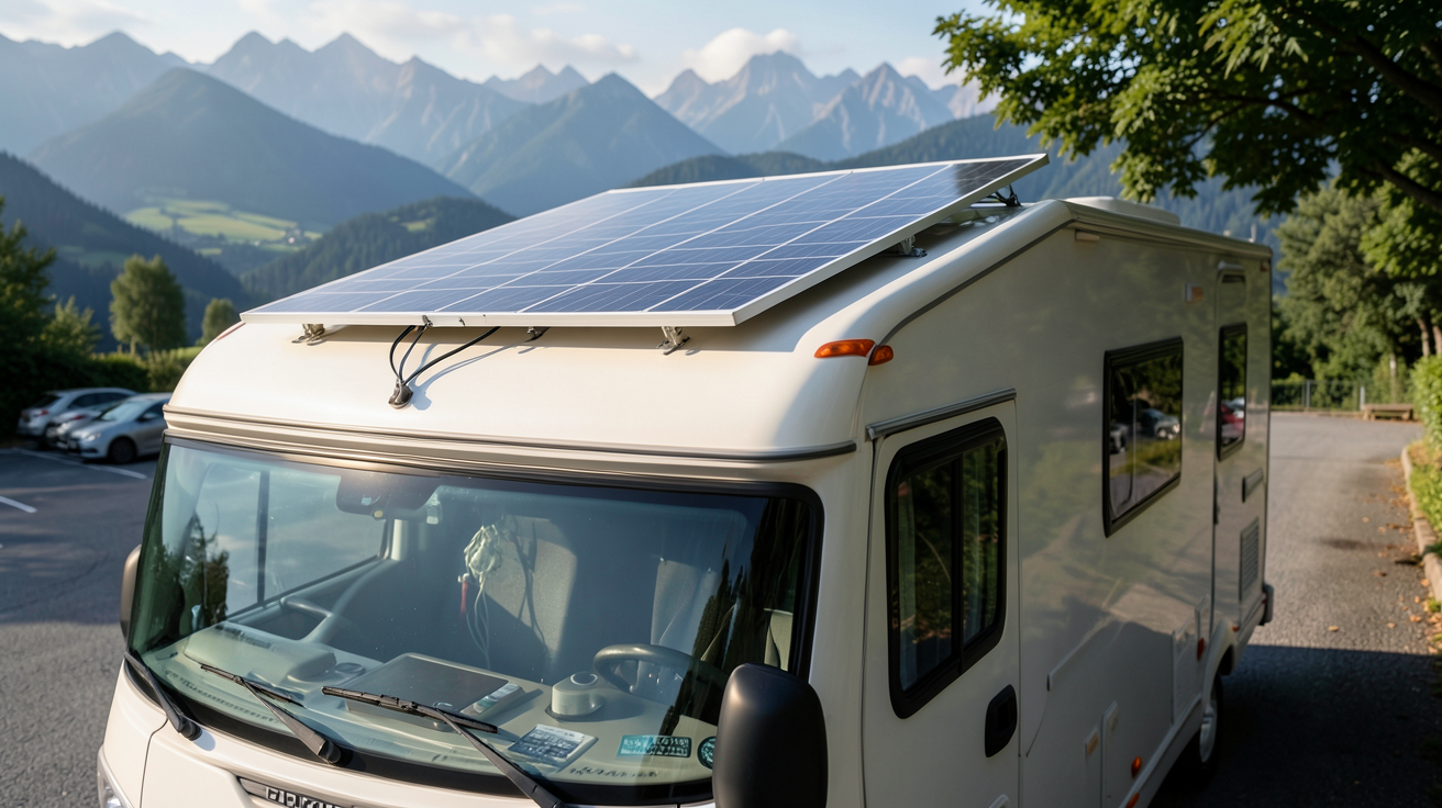 camping car équipé d'un panneau solaire installé sur le toit avec vue sur un paysage montagneux