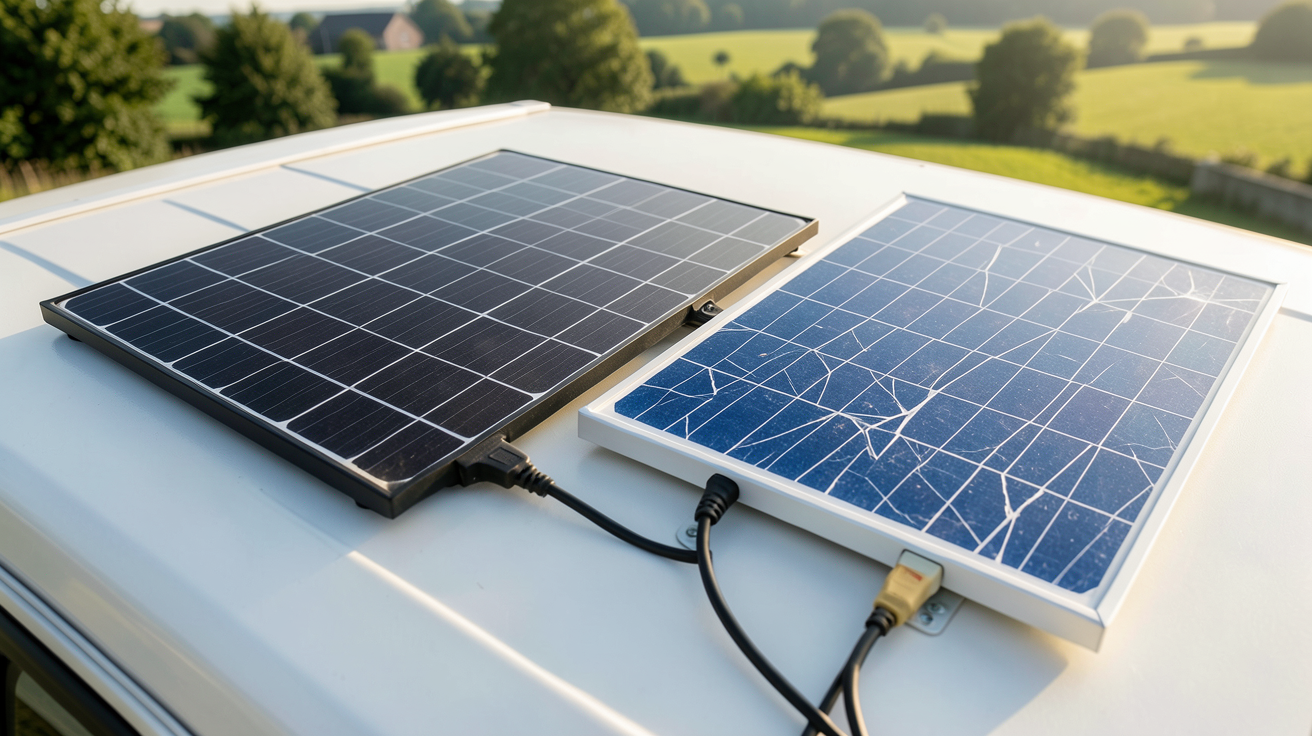 camping car panneau solaire monocristallin et polycristallin posés sur le toit d'un véhicule