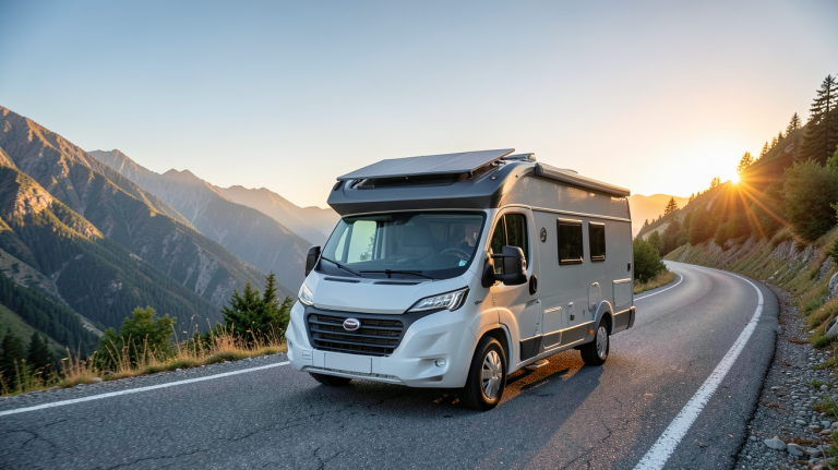 camping car équipé d'un panneau solaire sur le toit roulant sur une route de montagne