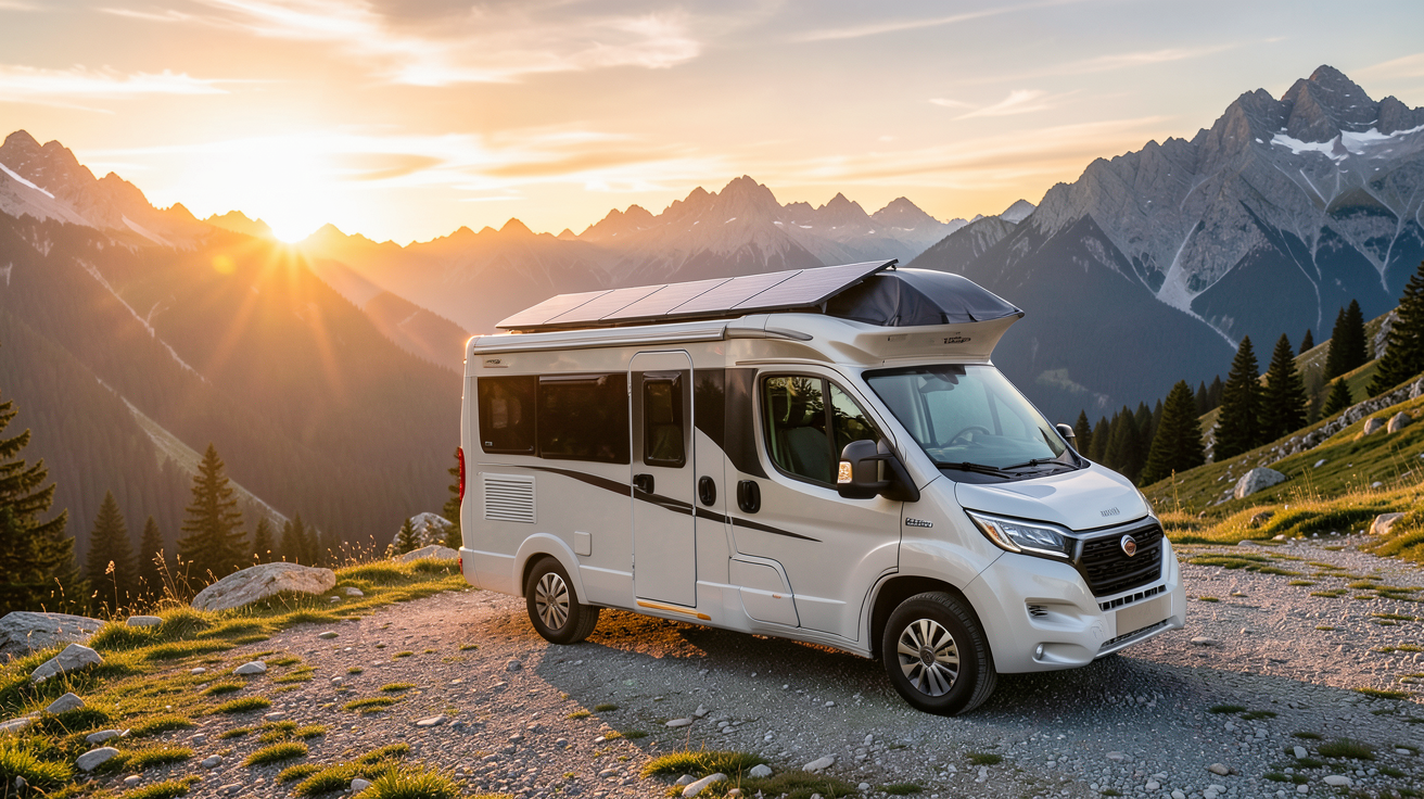 camping car solaire avec panneaux photovoltaïques sur le toit stationné dans un paysage naturel