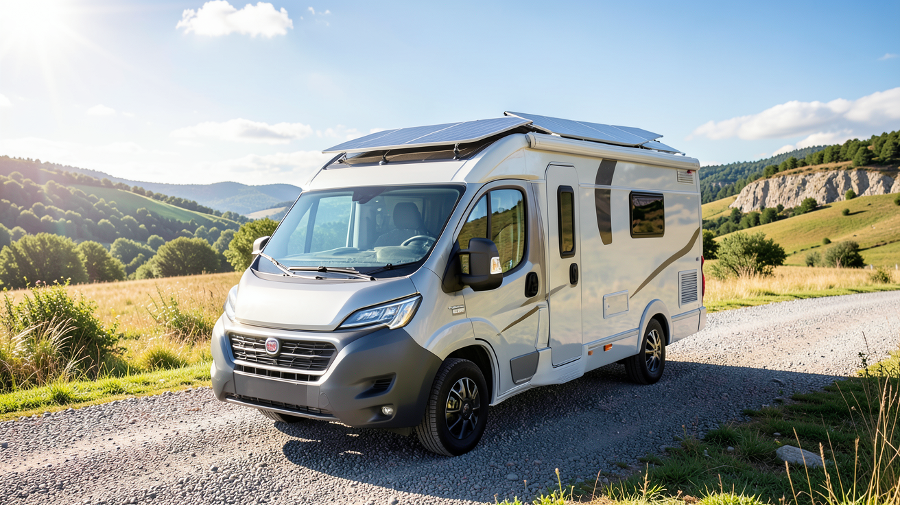 camping car solaire avec des panneaux photovoltaïques installés sur le toit dans un paysage naturel