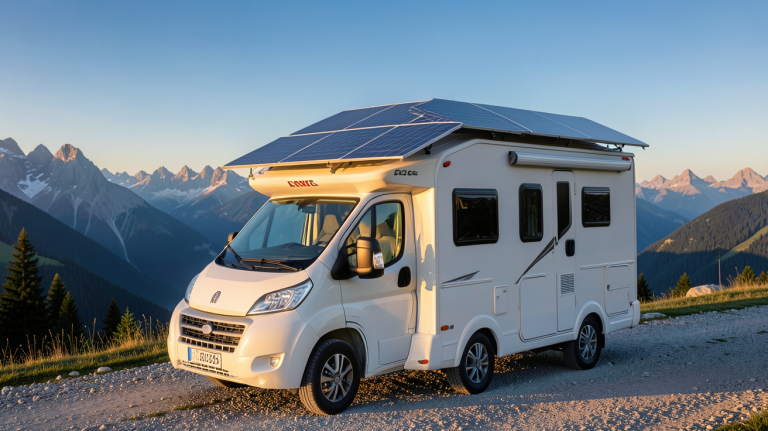 camping car solaire stationné dans un paysage de montagne avec des panneaux solaires sur le toit