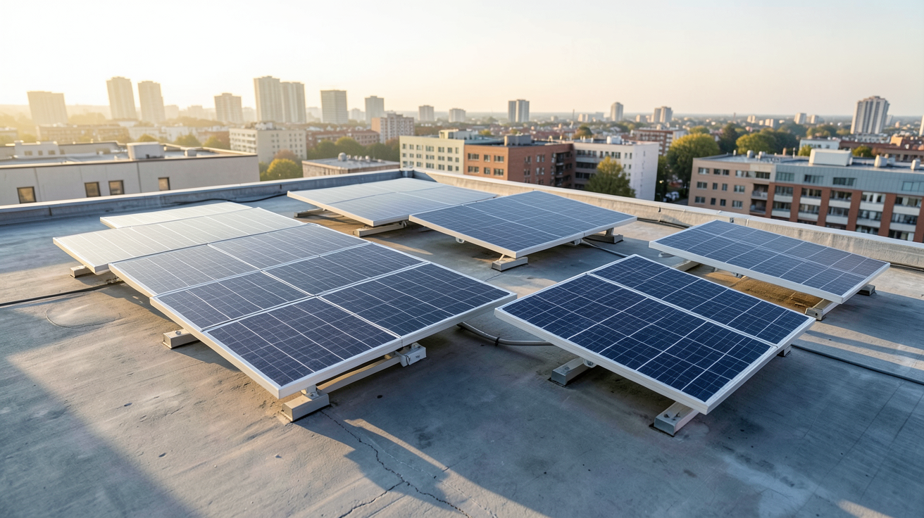 capteur à air chaud différents types installés sur un toit plat en milieu urbain