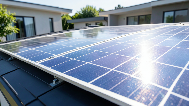 capteur photovoltaique installé sur le toit d'une maison moderne sous un soleil radieux
