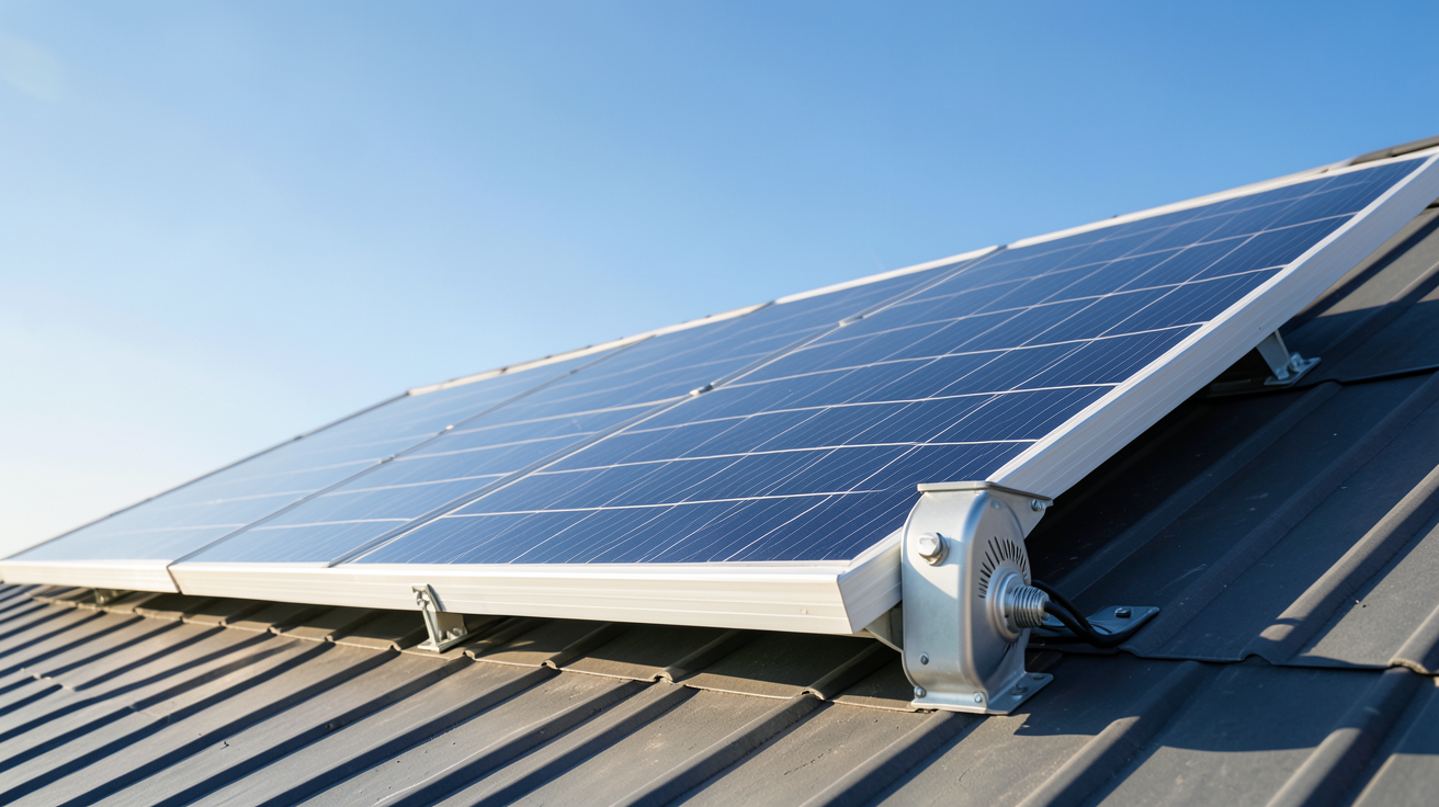 capteur solaire à air installé sur un toit incliné avec des ailettes absorbantes visibles