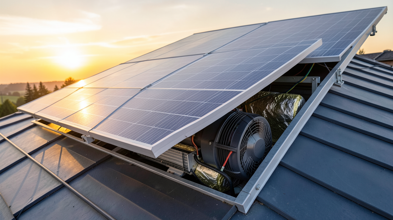 capteur solaire à air en fonctionnement sur un toit incliné, technologie et composants visibles