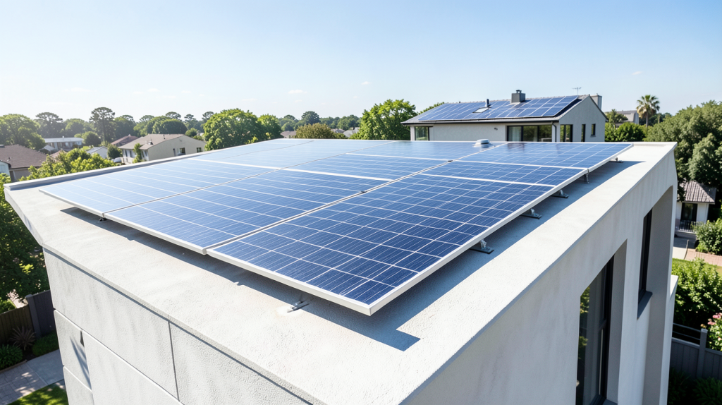 capteur solaire a air installé sur le toit d'une maison moderne sous un ciel bleu