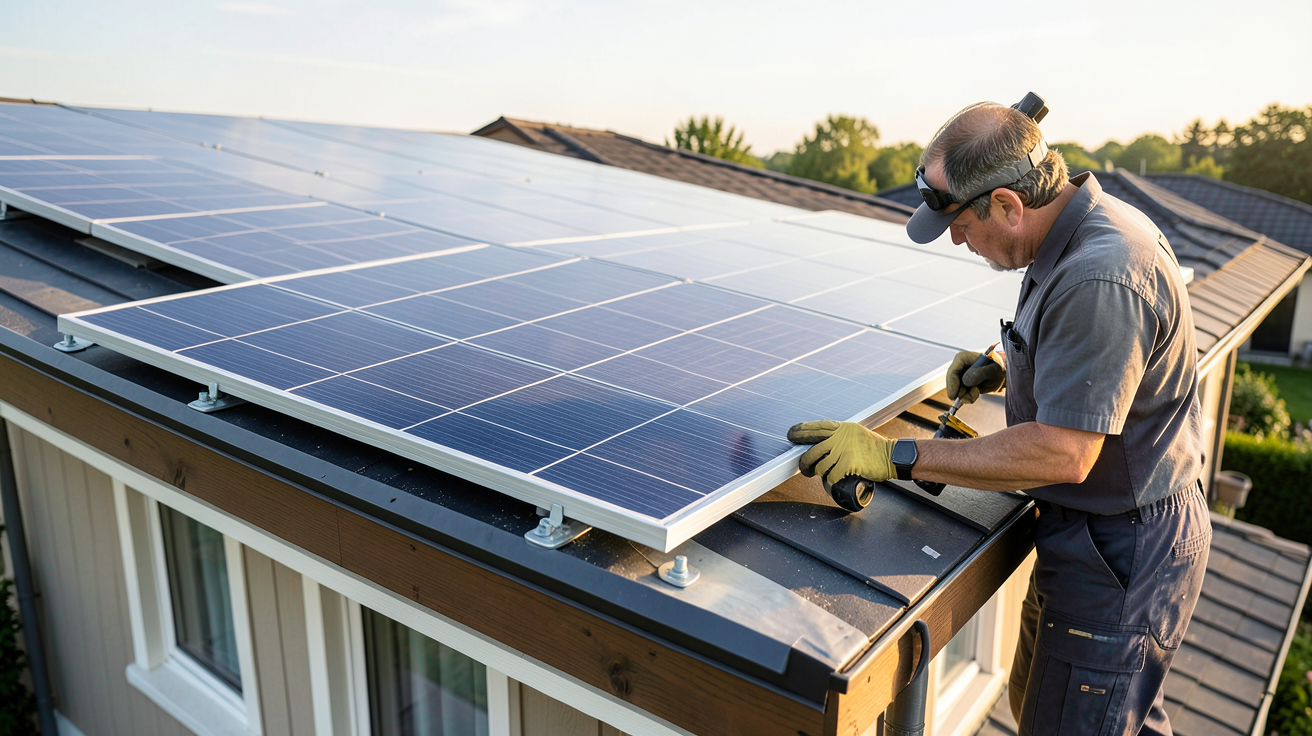 capteur solaire en cours d'installation sur le toit d'une maison avec un technicien en action