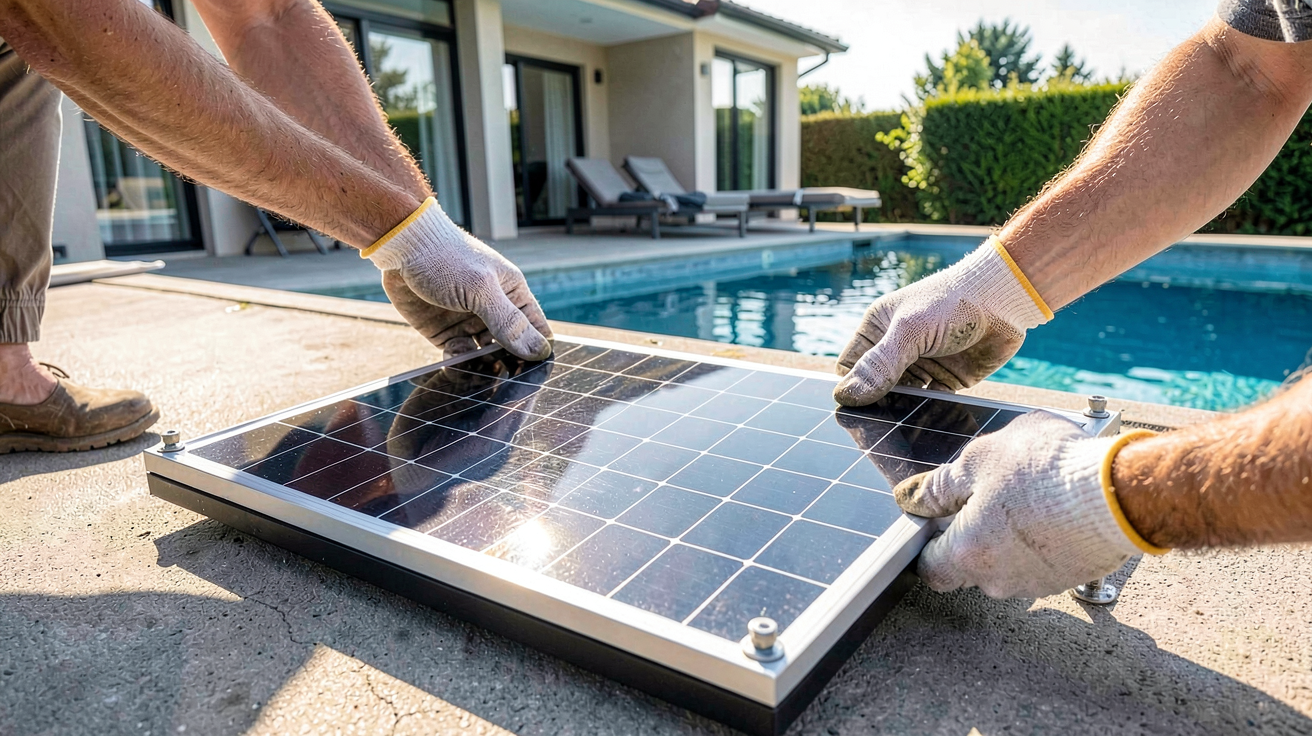 capteur solaire piscine en cours d'installation sur un toit avec une piscine en arrière-plan