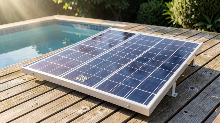 capteur solaire pour piscine installé sur une terrasse en bois ensoleillée