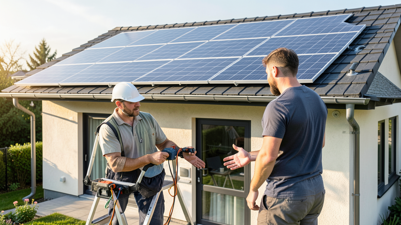 capteur solaire prix : installateur professionnel discutant avec un client devant une maison équipée de panneaux solaires sur le toit
