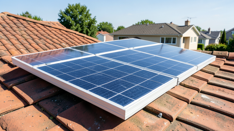 capteur solaire sous vide installé sur le toit d'une maison contemporaine, panneaux en aluminium brillants, lumière naturelle.