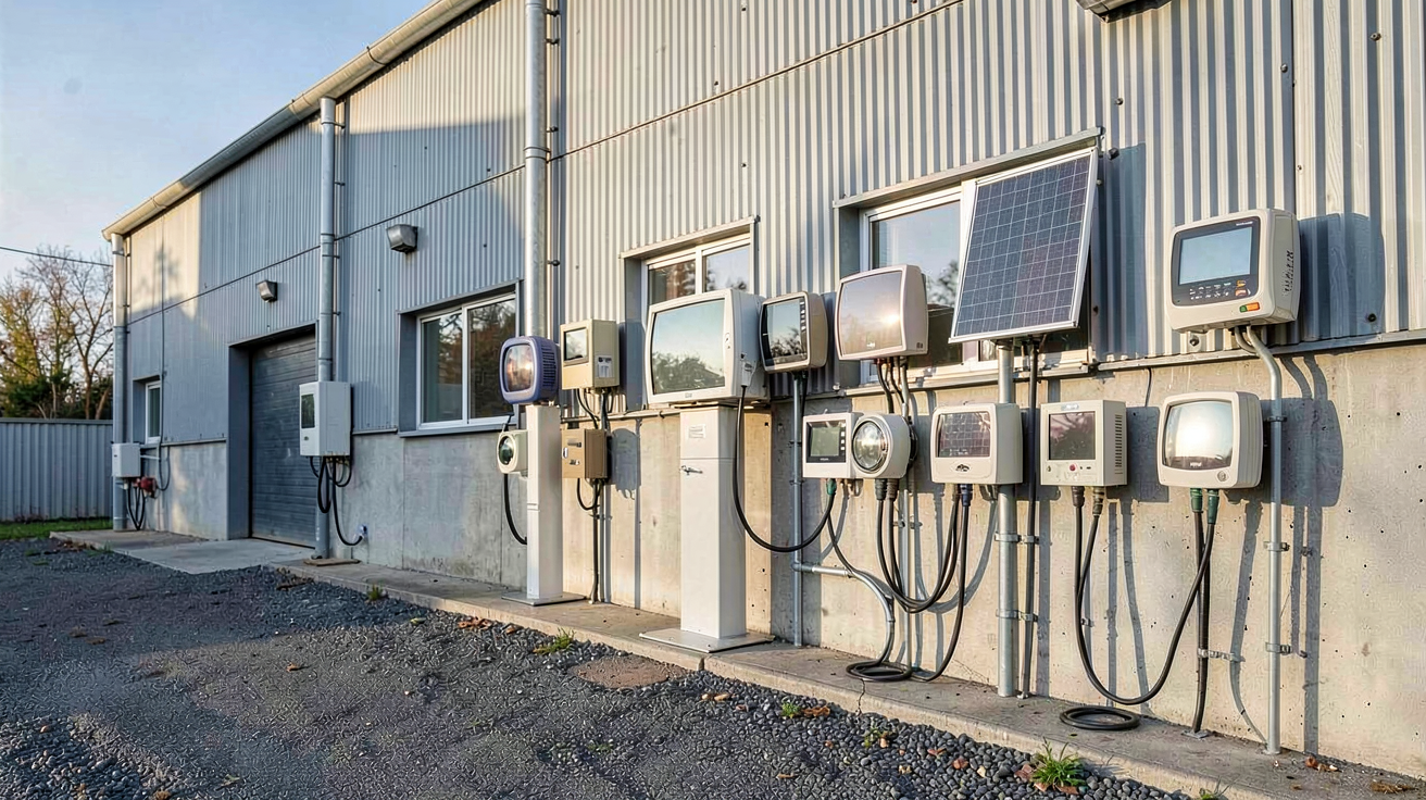 capteur thermique différents types installés à l'extérieur d'un bâtiment industriel avec des modèles à infrarouge et des sondes de température