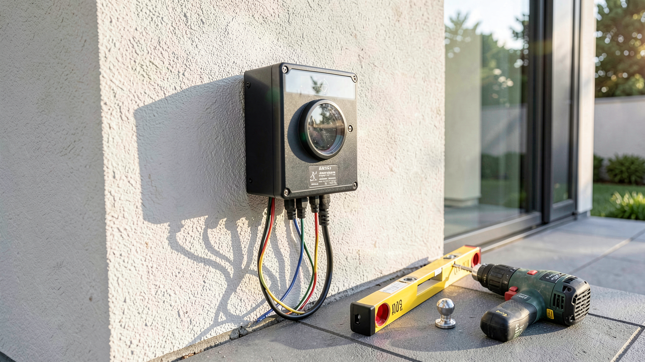 capteur thermique installé sur un mur extérieur avec outils de pose à proximité