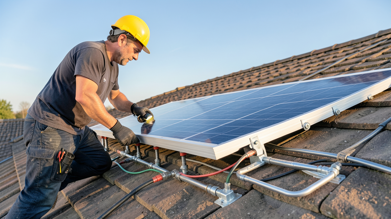capteur thermique solaire en cours d'installation sur un toit de maison avec un professionnel en action