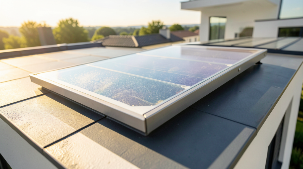 capteur thermique solaire installé sur le toit d'une habitation moderne sous un ciel clair