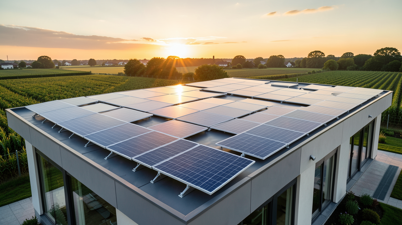 capteur thermique solaire de type plan vitré installé sur le toit d'une maison contemporaine
