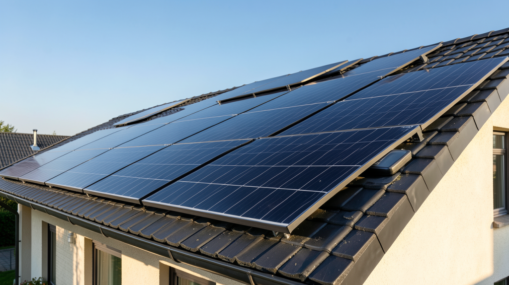 capteurs photovoltaïques installés sur le toit d'une maison écologique