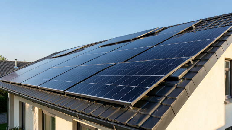 capteurs photovoltaïques installés sur le toit d'une maison écologique