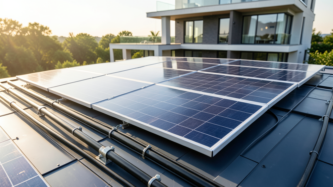 capteurs solaires thermiques et photovoltaïques installés sur le toit d'une maison moderne
