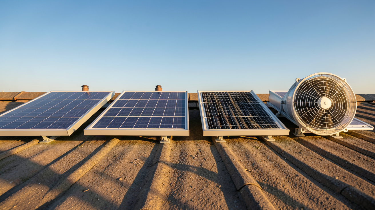 capteurs solaires thermiques les quatre types disposés sur un toit ensoleillé