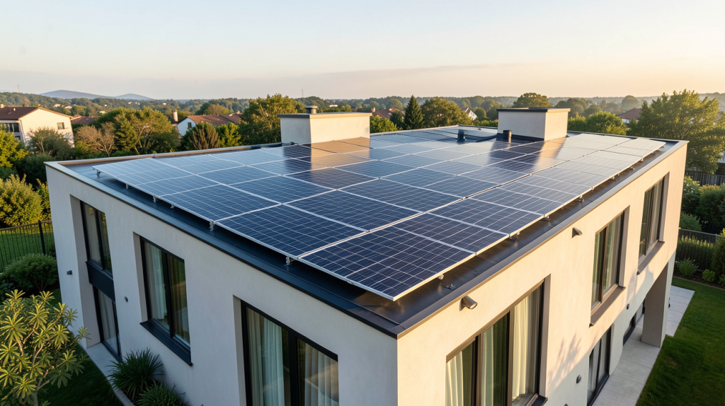 capteurs solaires installés sur le toit d'une maison contemporaine