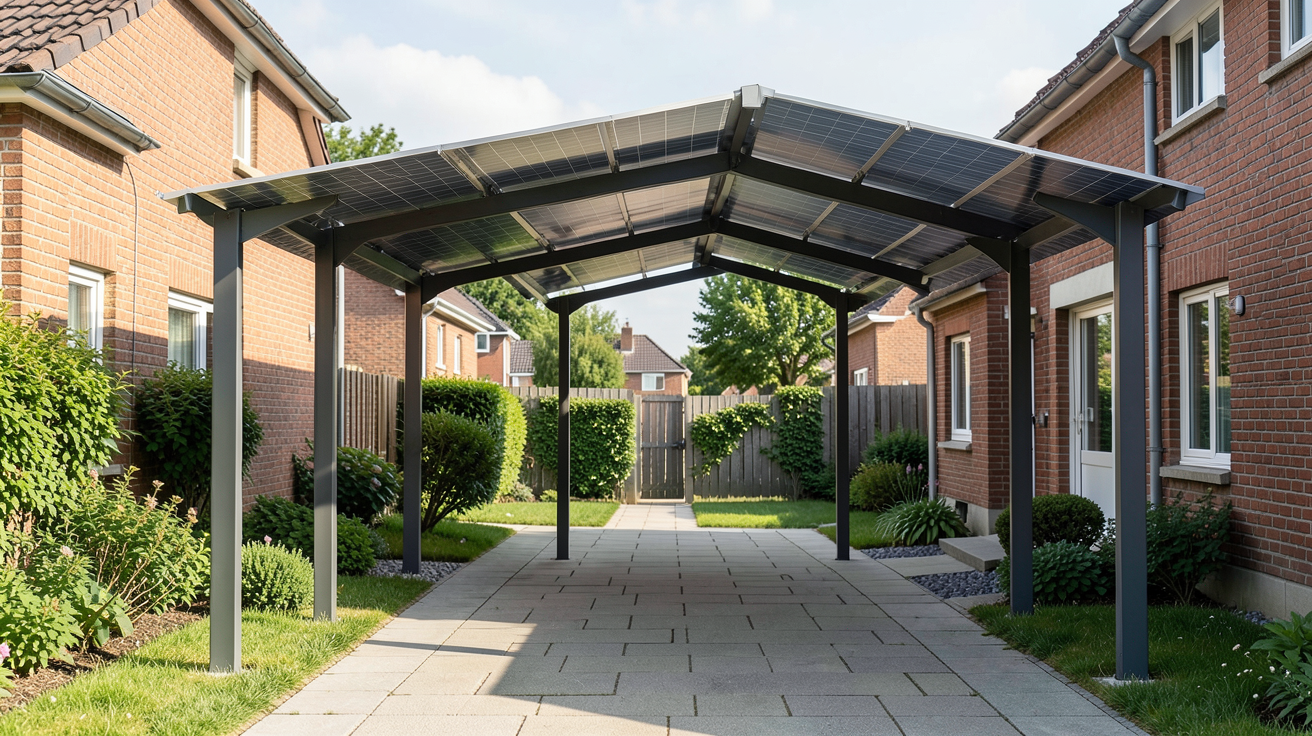 car port solaire installé dans une allée résidentielle avec panneaux photovoltaïques visibles