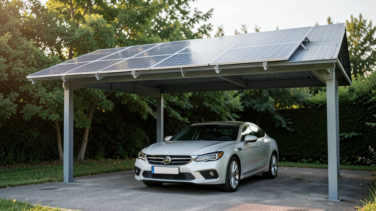 car port solaire avec panneaux photovoltaïques au-dessus d'une voiture