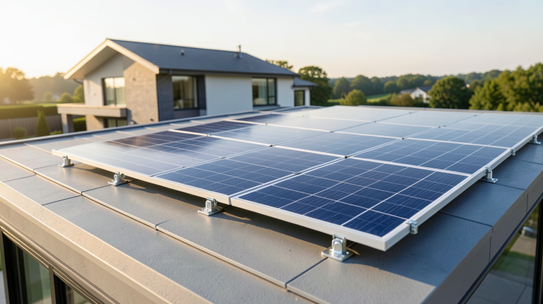 castorama panneau solaire installé sur le toit d'une maison contemporaine