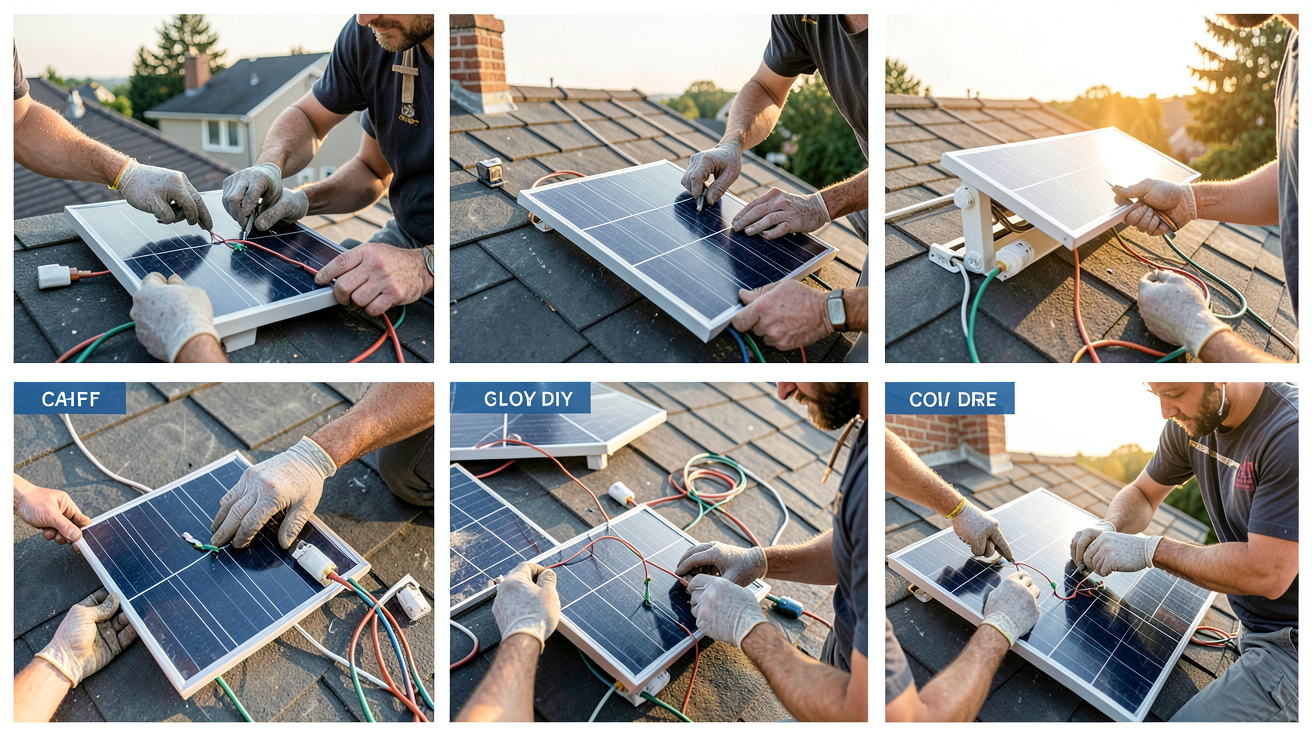 cdiscount panneau solaire guide DIY débutants montrant les 5 étapes de montage d'un kit solaire sur un toit
