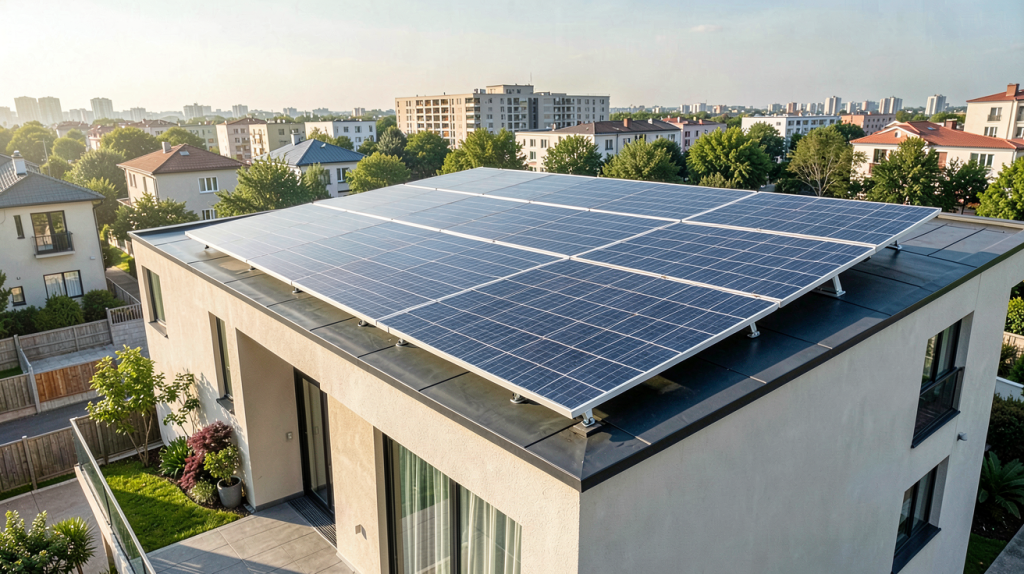 cdiscount panneau solaire installé sur le toit d'une maison moderne avec lumière naturelle