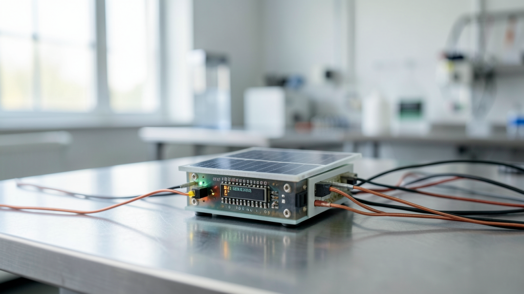 cellule graetzel posée sur une table de laboratoire en acier inoxydable avec des fils de connexion en cuivre