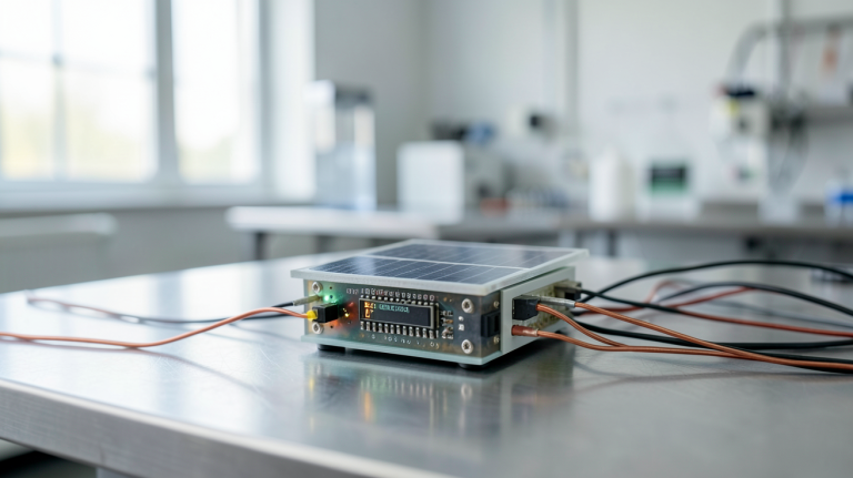 cellule graetzel posée sur une table de laboratoire en acier inoxydable avec des fils de connexion en cuivre
