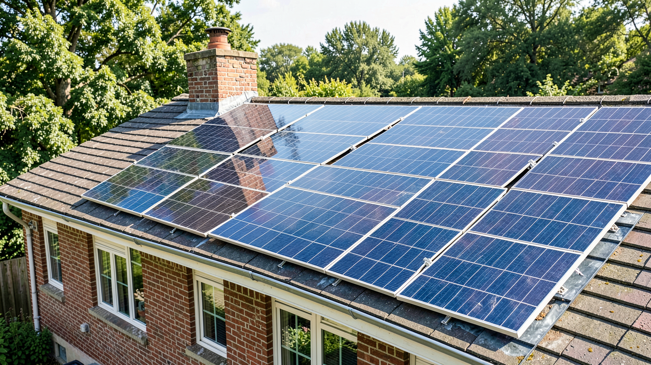 cellule monocristalline intégrée dans un panneau solaire résidentiel sur le toit d'une maison, vue en plein jour.