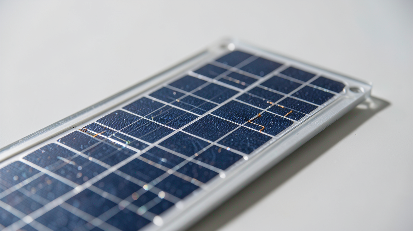 cellule photovoltaïque monocristallin en gros plan montrant sa structure cristalline et ses contacts électriques