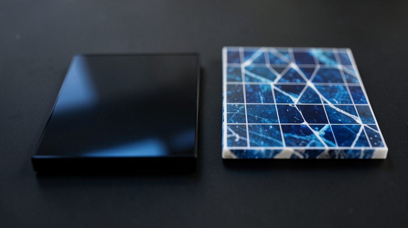 cellule photovoltaïque monocristallin vs polycristallin posées côte à côte pour comparaison