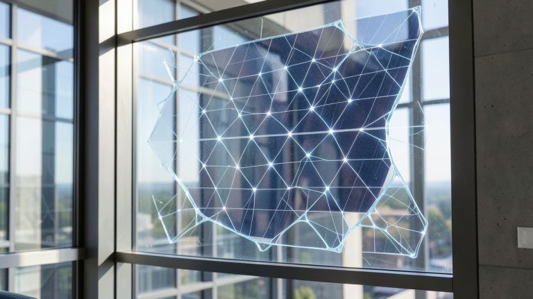 cellule photovoltaïque organique transparente intégrée dans une fenêtre de bâtiment moderne