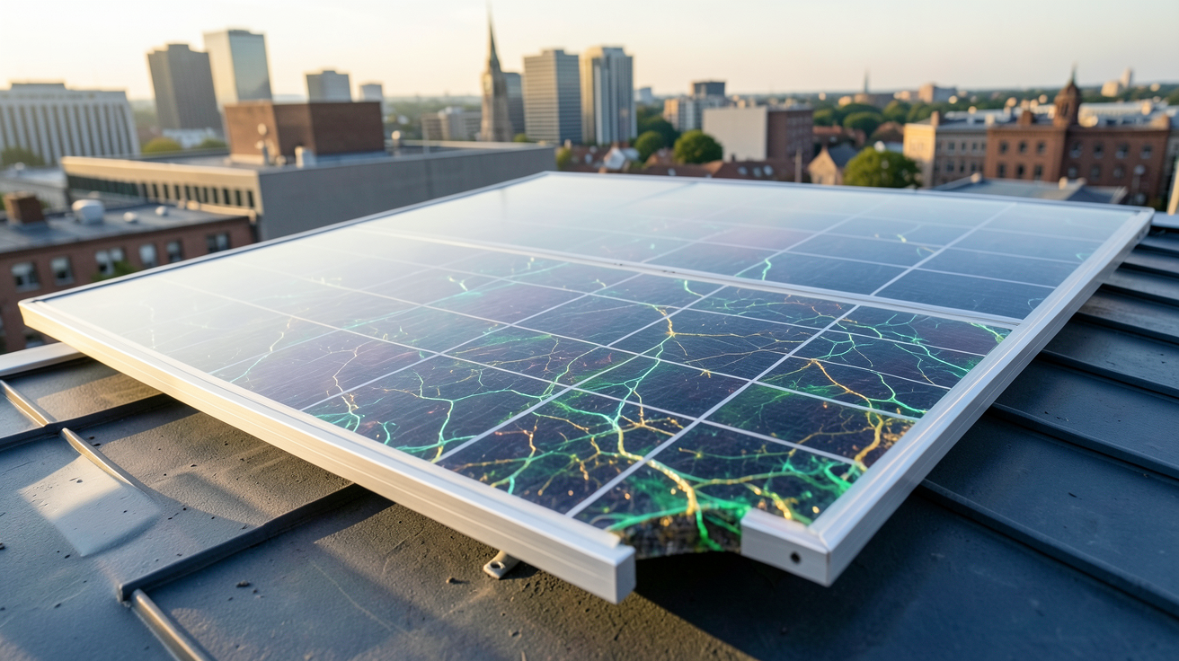 cellule photovoltaïque organique intégrée dans un panneau solaire transparent sur un toit urbain